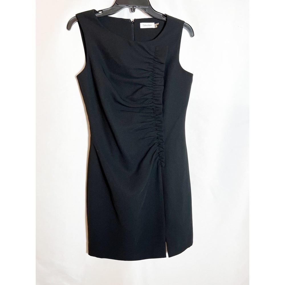 Calvin Klein Black Sheath Dress with Ruffle and Bottom Slit